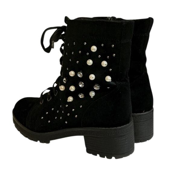 Madden Girl Boots Womens 7M Combat Black Rhinestone Studded Ankle Top Whimsigoth - Picture 6 of 12